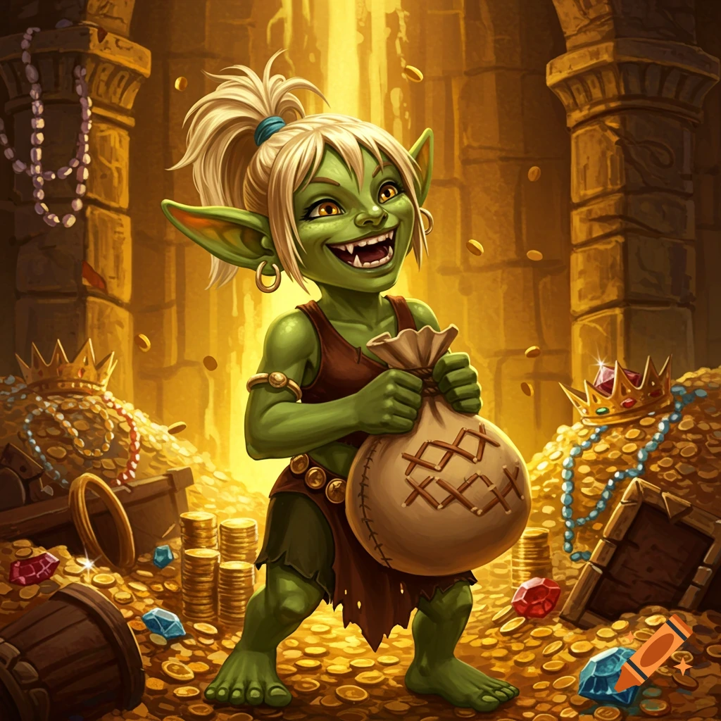 A mischievous green goblin woman with blonde hair grins, clutching a bag of gold in a treasure-filled chamber, cartoon style.
