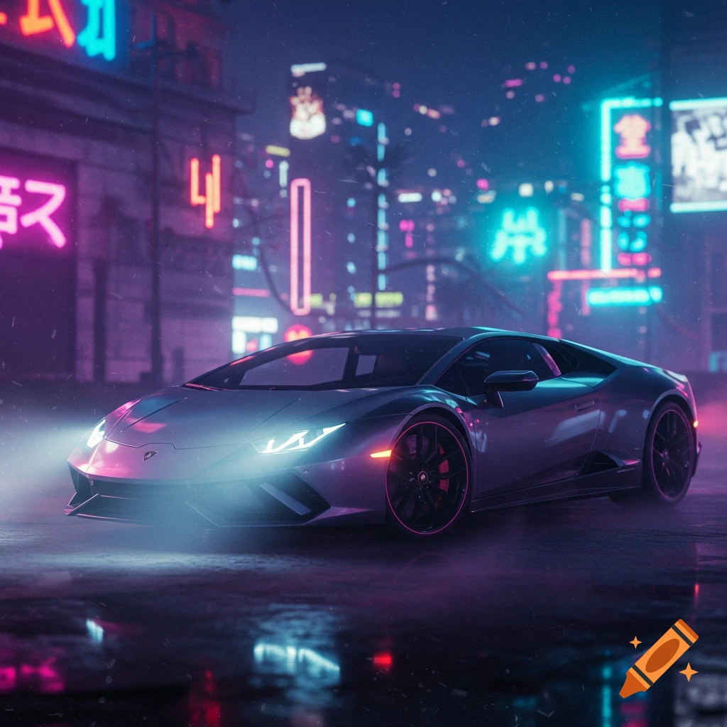 A sleek grey Lamborghini sports car drives down a wet neon-lit cyberpunk city street at night, reflecting vibrant purples and blues.