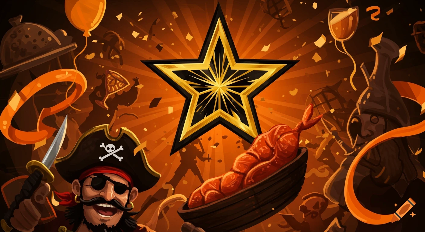 A cheerful pirate with a dagger celebrates among balloons, confetti, a golden star, and a dish of food, in a stylized orange and black illustration.