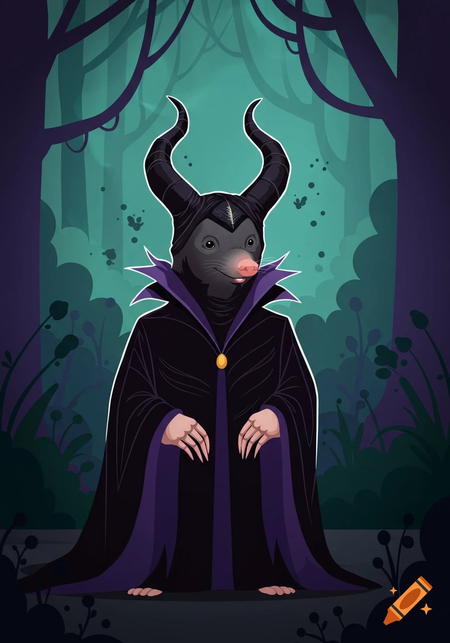 Vector illustration of a mole dressed as Maleficent, with horns and a purple-lined cloak, standing in a stylized dark forest.