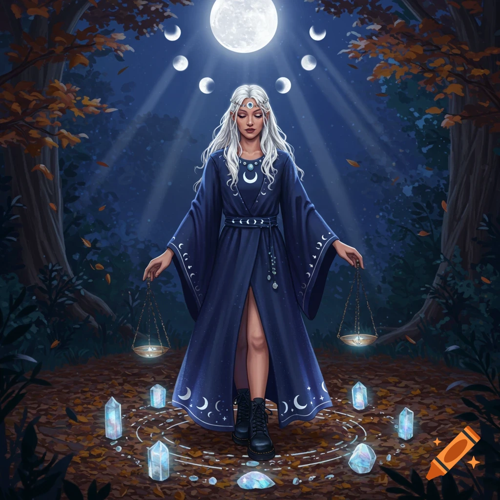 A white-haired witch in a blue robe and Doc Martens stands in a magical forest at night, holding scales amidst crystals under a full moon. Digital art.
