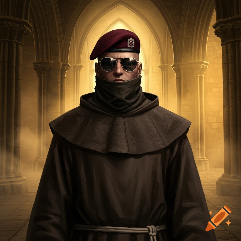 A bald man in a monk's robe, sunglasses, and a maroon military beret stands in a cathedral corridor.