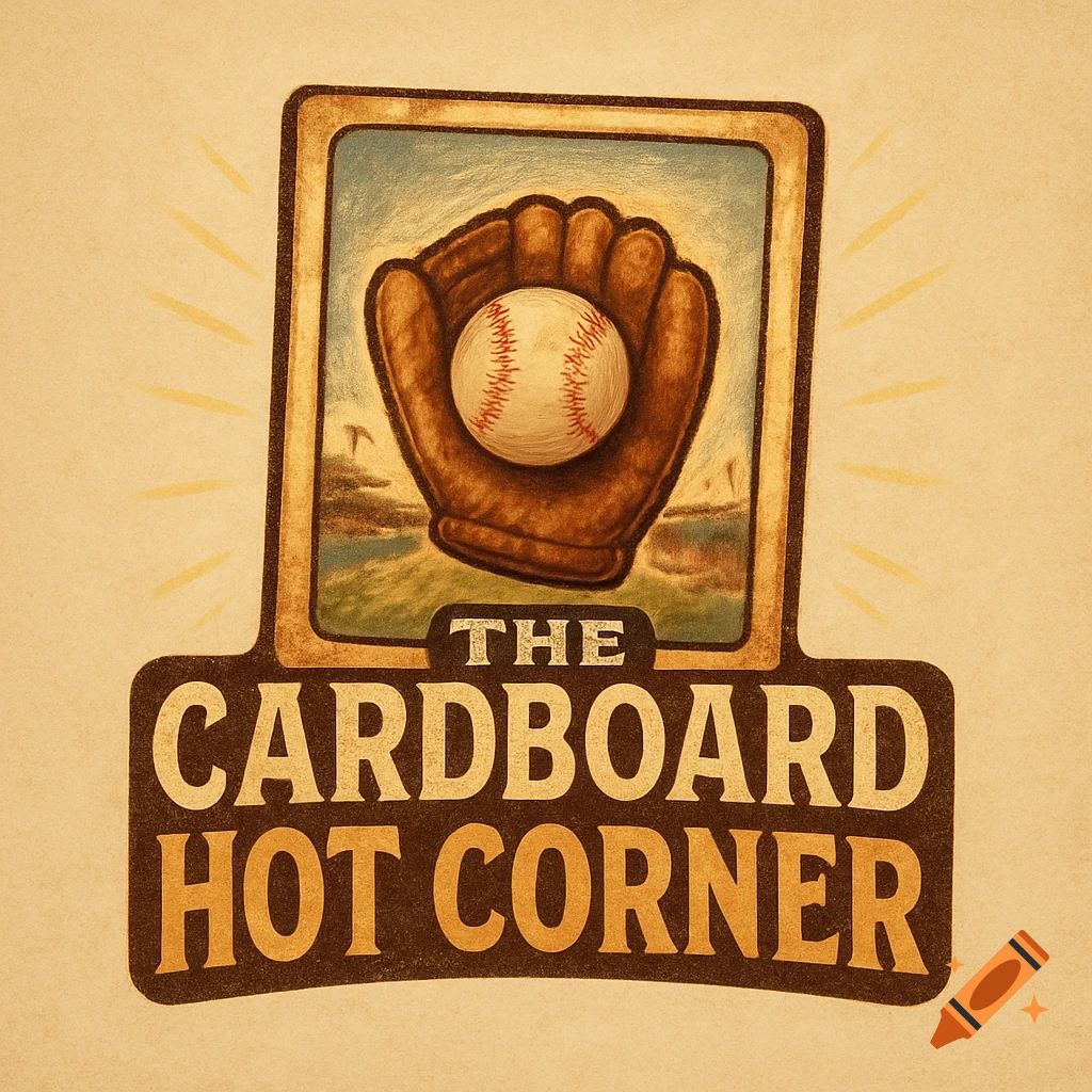 Vintage style logo featuring a baseball glove holding a baseball, with the text 'THE CARDBOARD HOT CORNER' below.