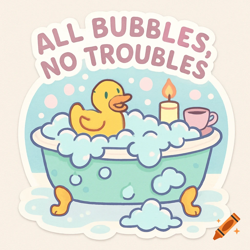 A cute cartoon sticker in pastel colors showing a rubber duck in a bubble bath, with a lit candle, teacup, and text 'All Bubbles, No Troubles'.