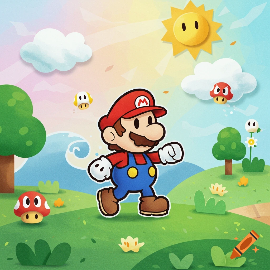 A stylized Paper Mario character walks through a vibrant, cartoonish landscape with hills, trees, clouds, sun, and mushrooms.