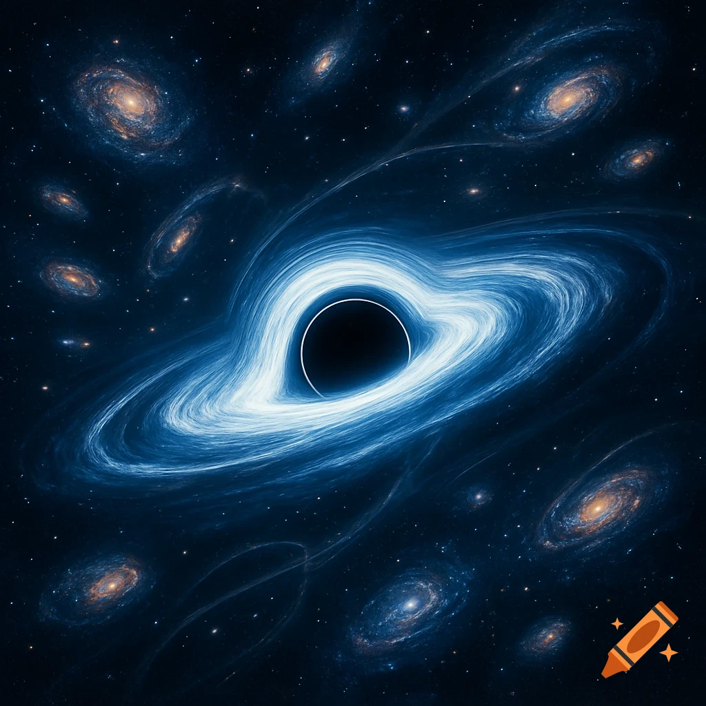 A vibrant illustration of a black hole with a swirling blue and white accretion disk, surrounded by distant spiral galaxies and stars in deep space.