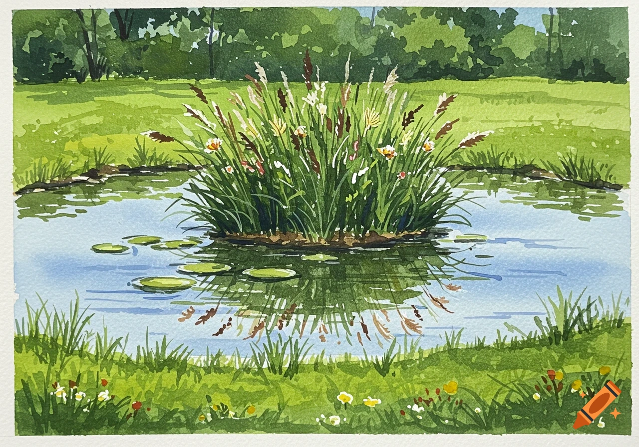 A lively watercolor painting of a pond in a grassy lawn with an island of tall wildflowers and lily pads.