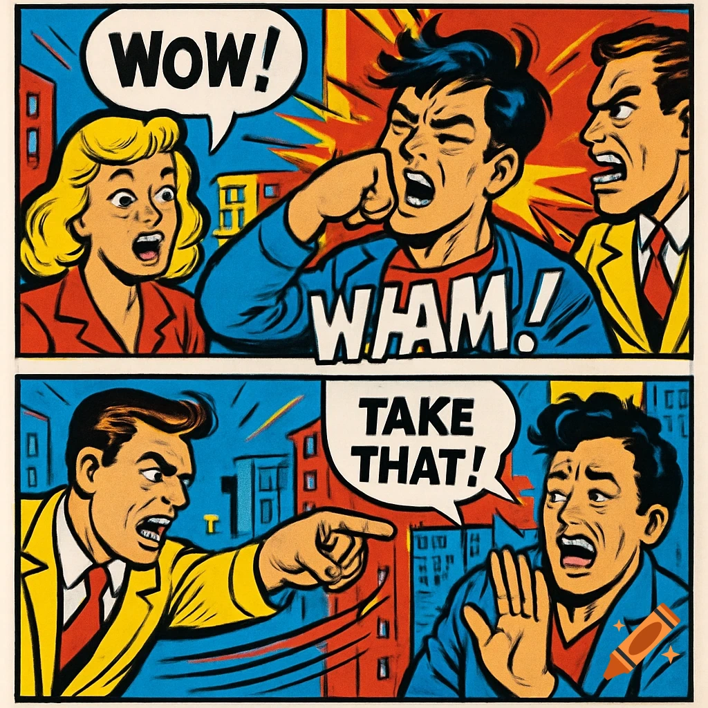 Pop art comic strip panel showing a man punching another, a woman surprised, and another man yelling with text bubbles 'WOW!', 'WHAM!', 'TAKE THAT!'.