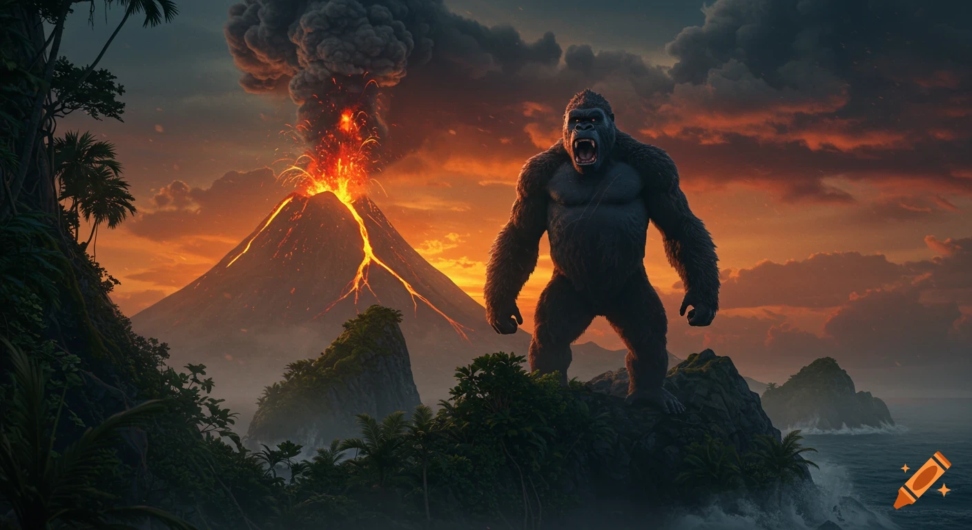 Giant ape roars on a tropical island cliff before an erupting volcano at sunset.