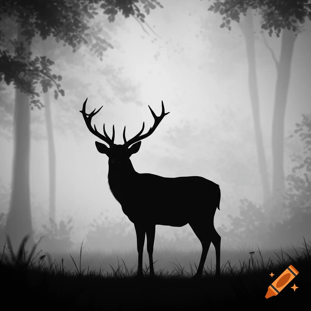 Black and white silhouette of a deer with antlers standing in a misty forest with trees and grass.