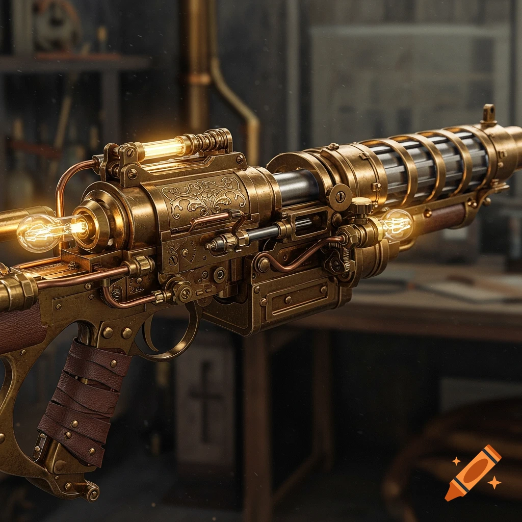 A detailed steampunk machine gun with glowing light bulbs, intricate brass plating, copper piping, and leather accents.