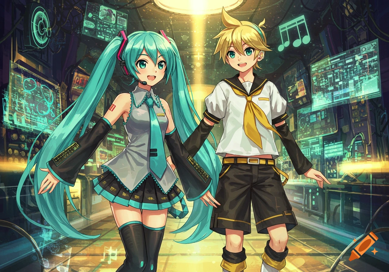 Hatsune Miku and Kagamine Len in a bright, futuristic setting with glowing computer screens.