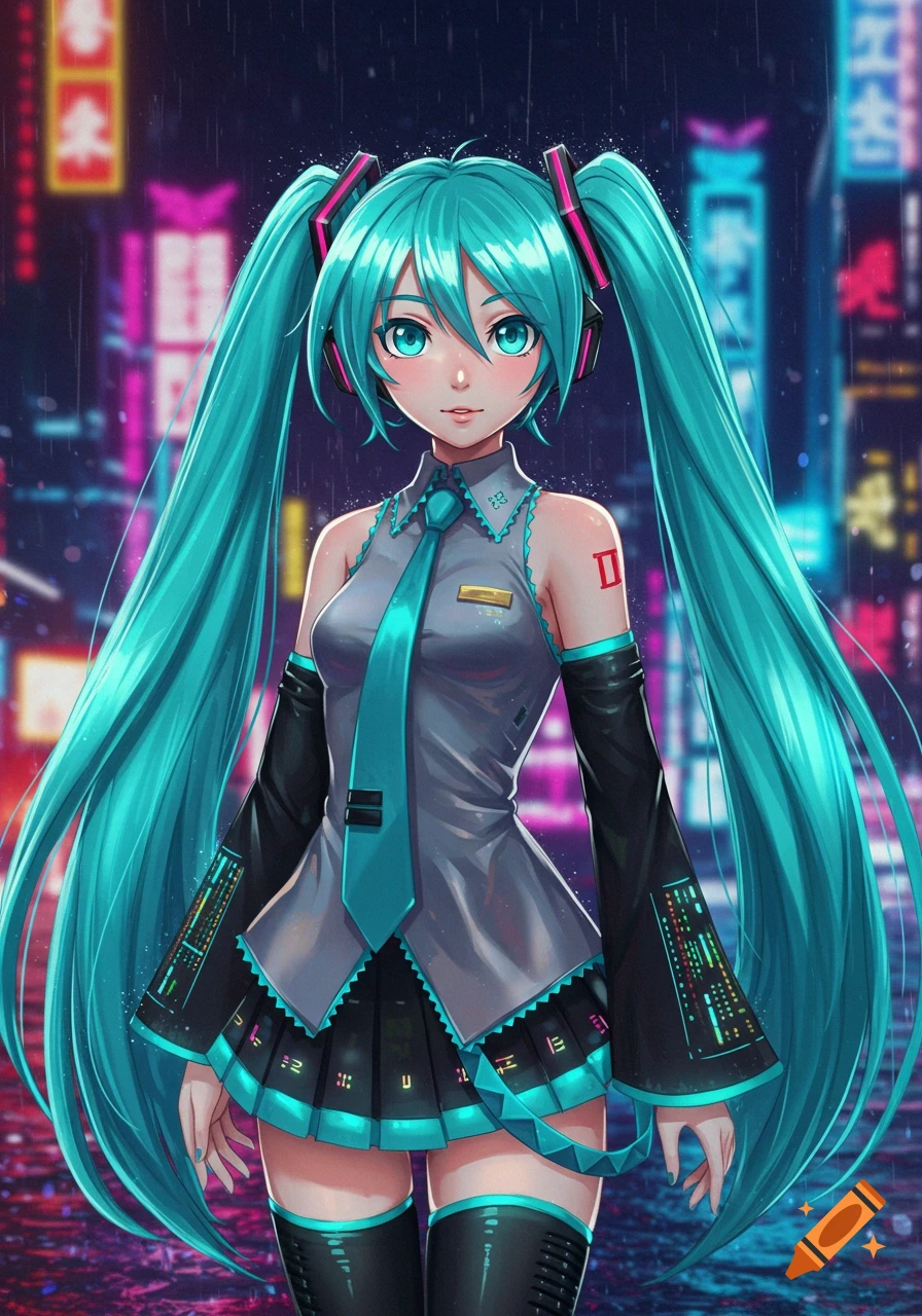 Hatsune Miku in her signature outfit stands in a rainy, neon-lit cyberpunk city at night, anime style.