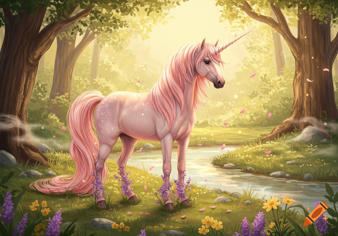 A pink unicorn stands in a magical, sunlit forest with a stream and falling pink petals, in a vibrant illustration.