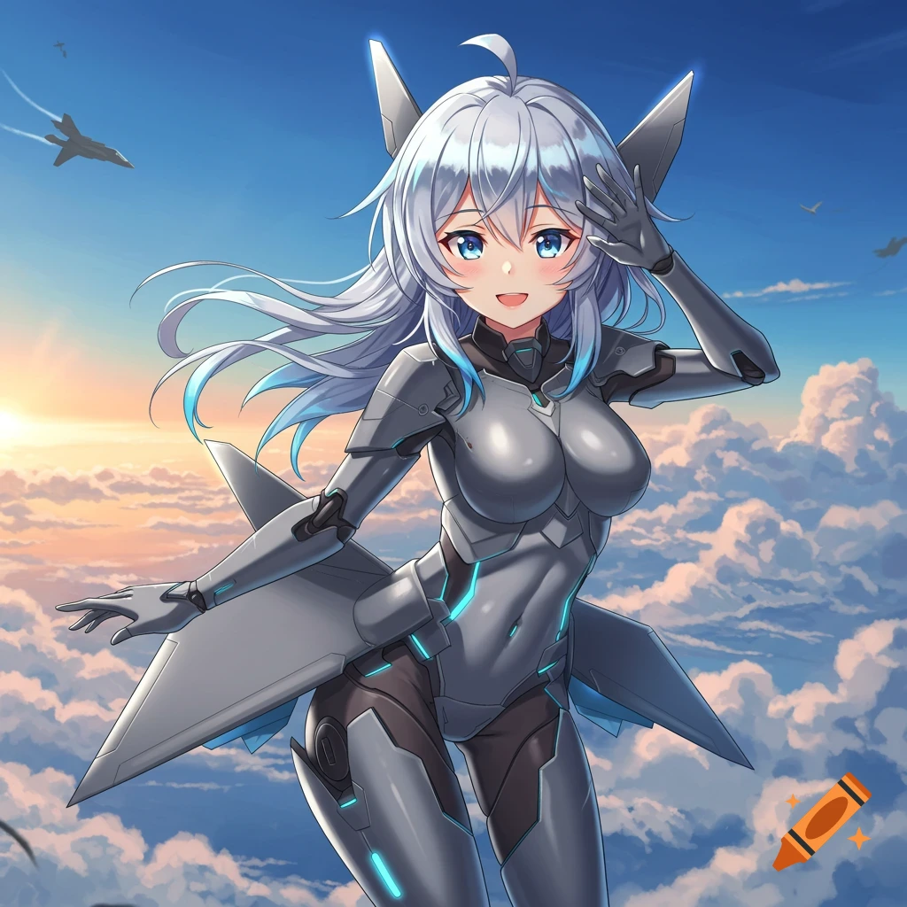 An anime girl in a silver jet-pilot suit with blue accents, saluting while flying in a sky with clouds and jet planes.