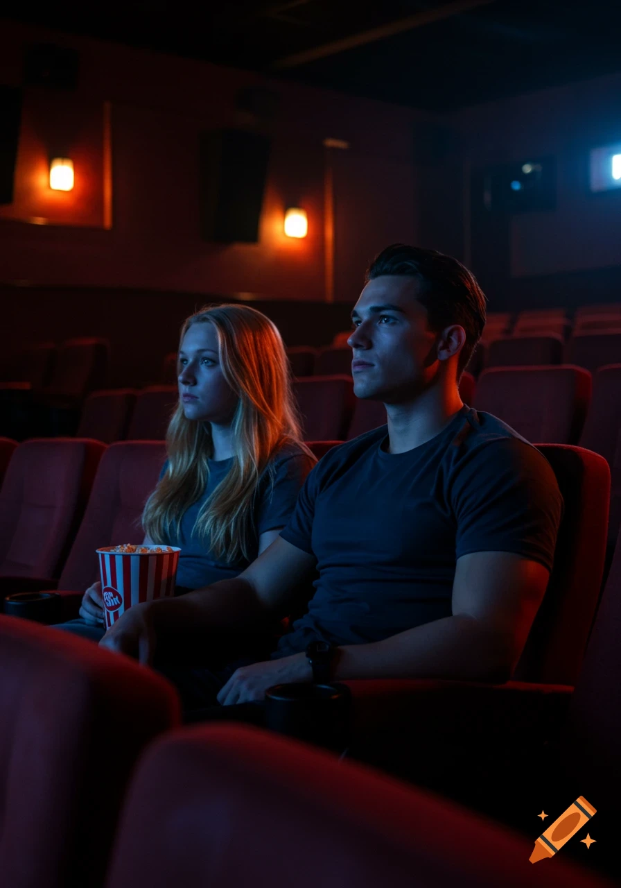 A young man and woman sit intently watching a movie in a dimly lit cinema, the woman holding a popcorn bucket.