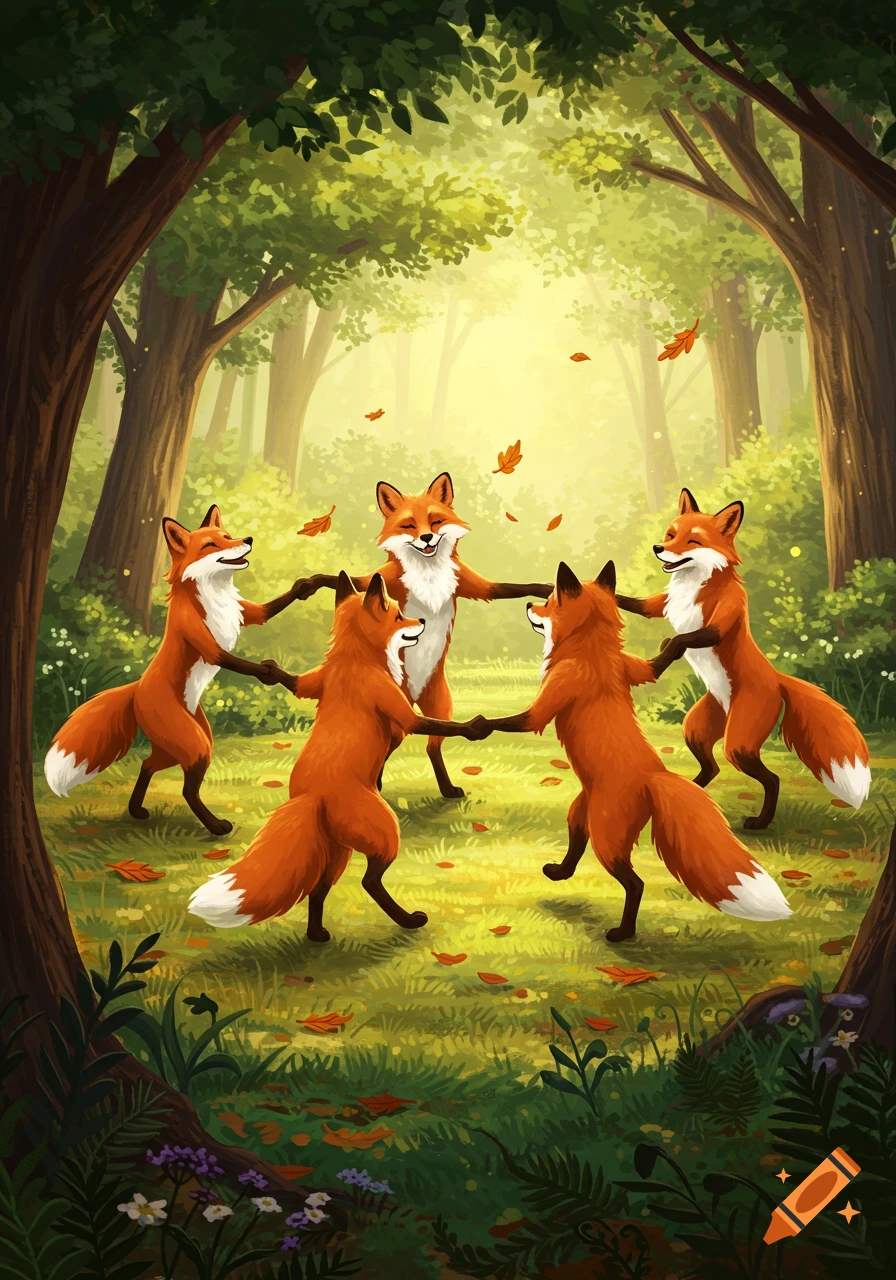 Illustration of five orange foxes dancing in a circle in a sunlit forest, with autumn leaves falling.
