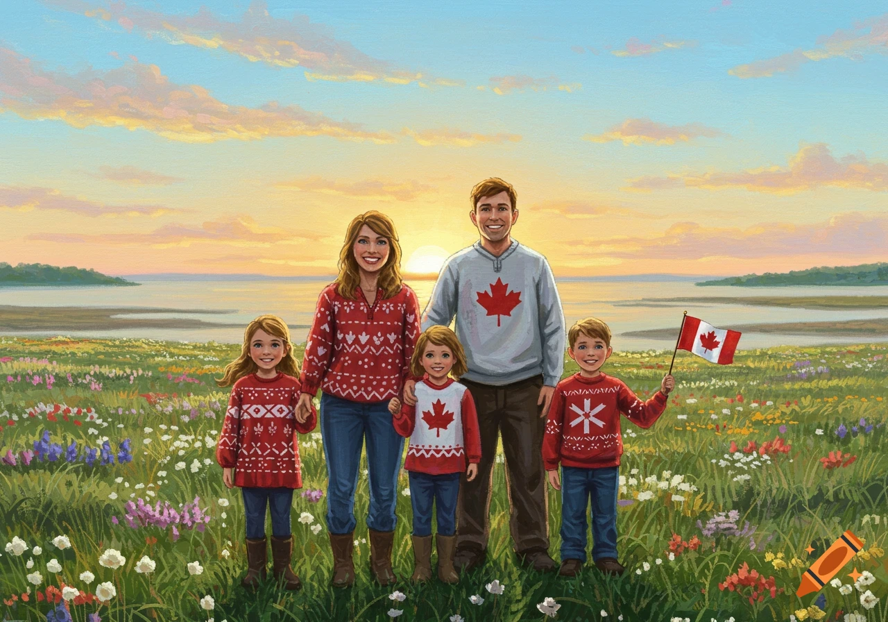 An illustrated family of five, dressed in Canadian-themed sweaters, stands in a wildflower field at sunset by a body of water.