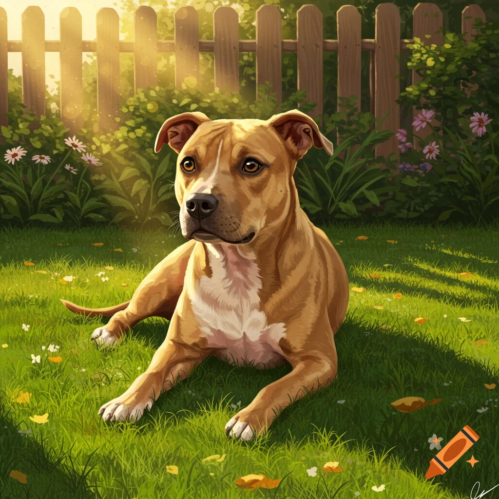 A tan and white pitbull dog lies in a sunny green garden with a wooden fence and flowers in the background.