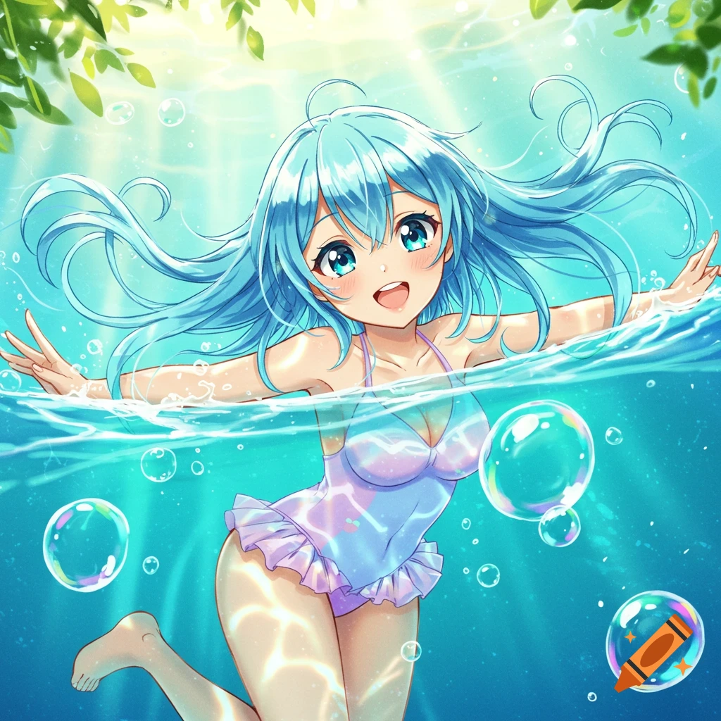 An anime girl with blue hair and big blue eyes smiles while swimming in clear blue water.