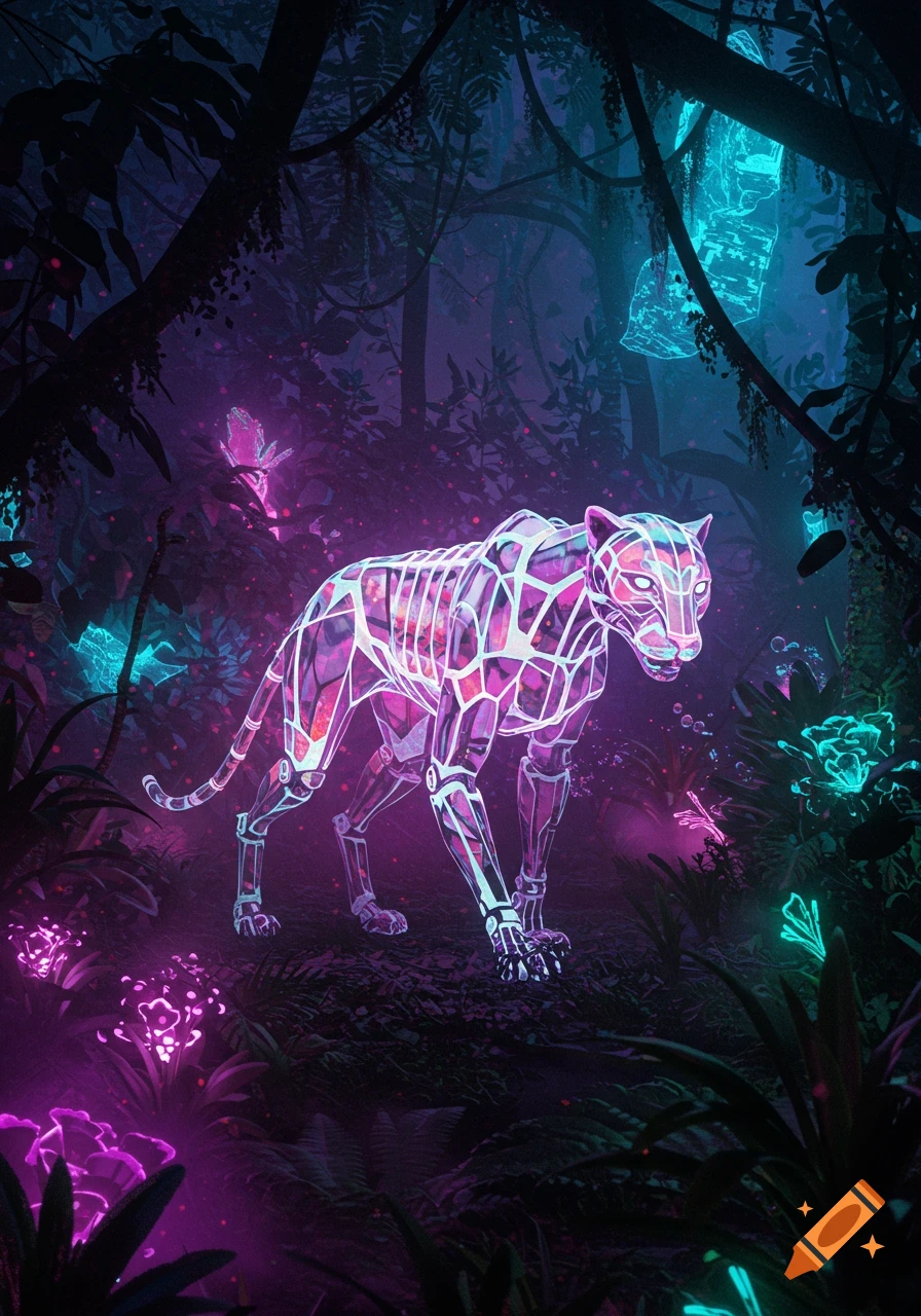 A glowing, geometric, neon panther walks through a dark, vibrant jungle with luminous plants, in a sci-fi digital art style.