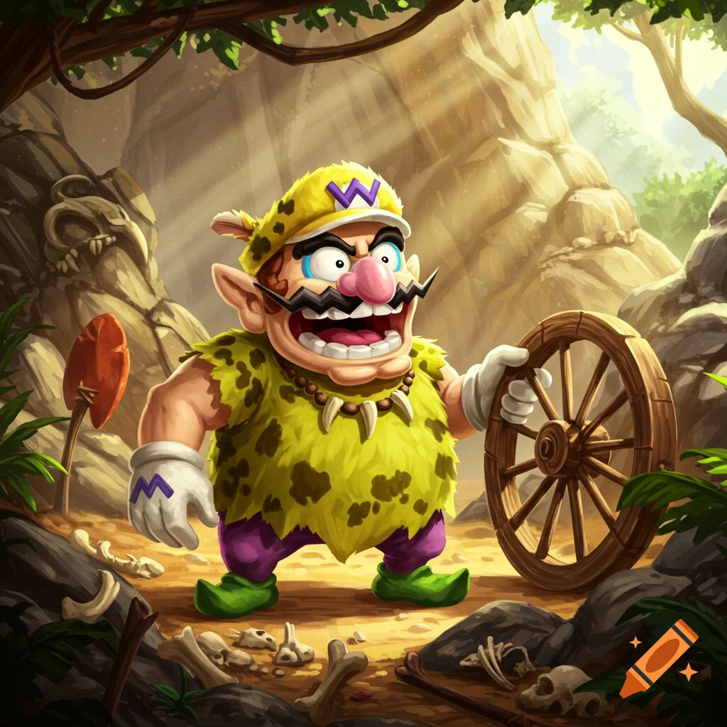 Cartoon Wario in a caveman outfit, surprised by a wooden wheel in a prehistoric cave setting with bones on the ground.