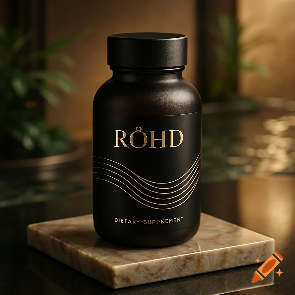A sleek black bottle labeled "R ÖHD DIETARY SUPPKEMENT" with gold wavy lines, sits on a marble coaster in a soft-lit, elegant setting.