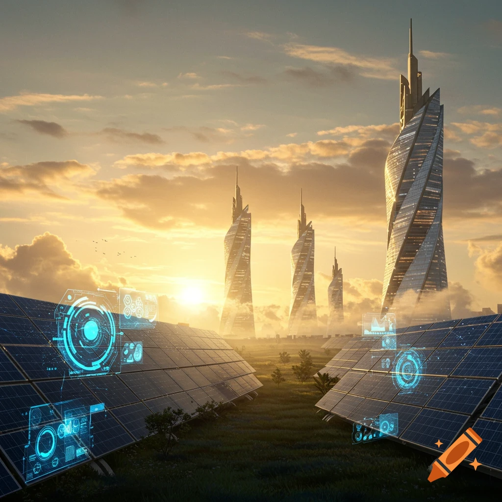 Futuristic city at sunset with twisting skyscrapers behind rows of solar panels displaying holographic interfaces.