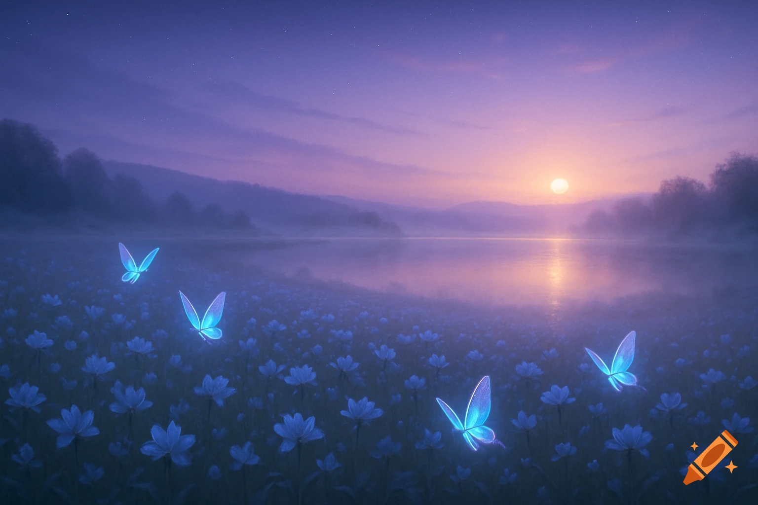 A dreamy fantasy landscape with glowing blue butterflies over a field of blue flowers by a misty lake at sunset.