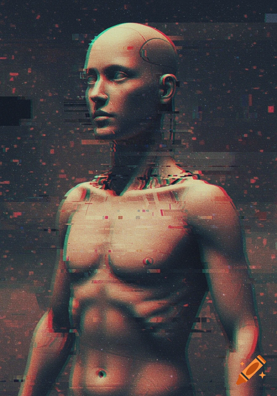 A shirtless humanoid figure with red and cyan glitch effects and static, against a dark, starry background.