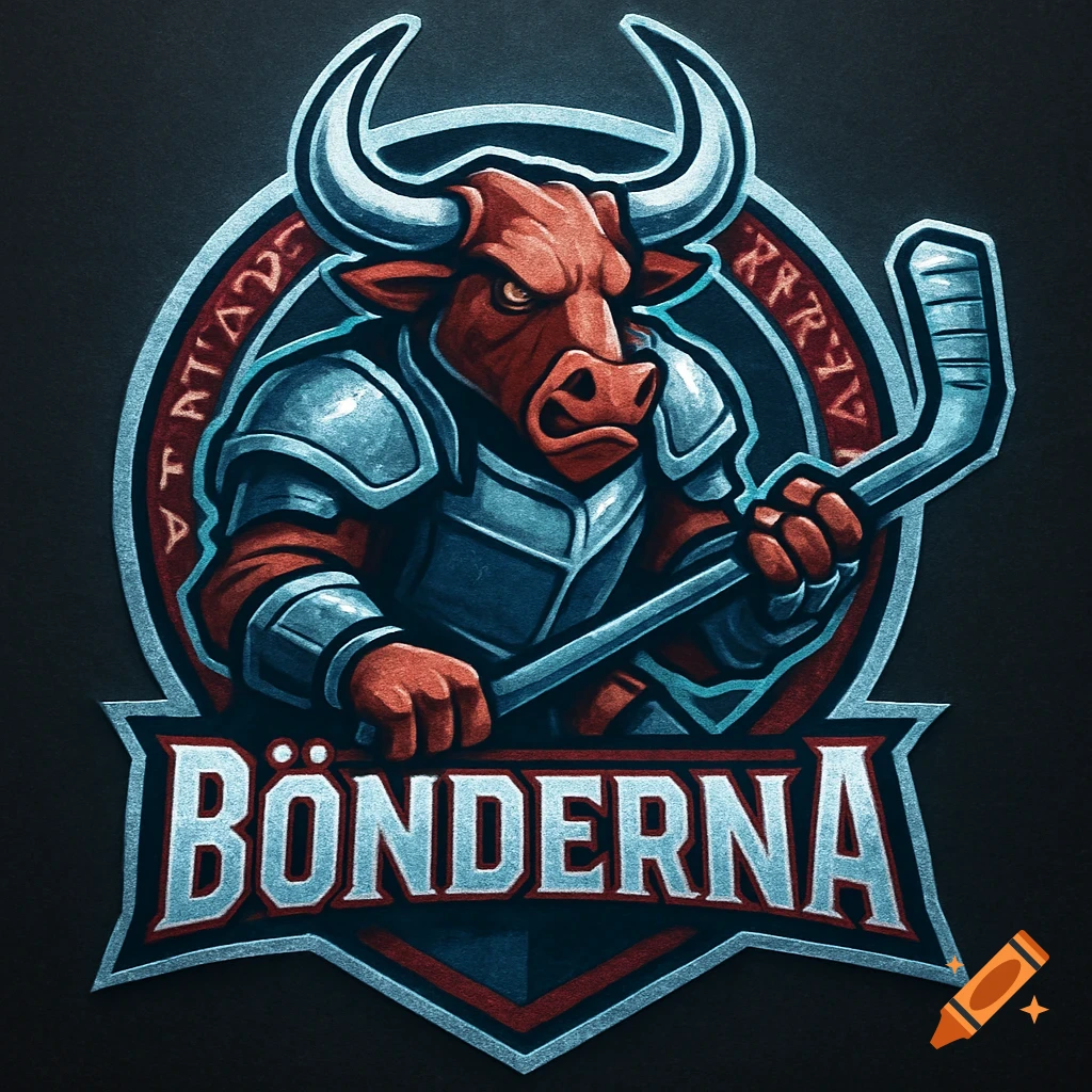 A stylized logo featuring an armored red bull with large white horns, holding a hockey stick. The team name "BÖNDERNA" is below, with garbled text in a circular frame.