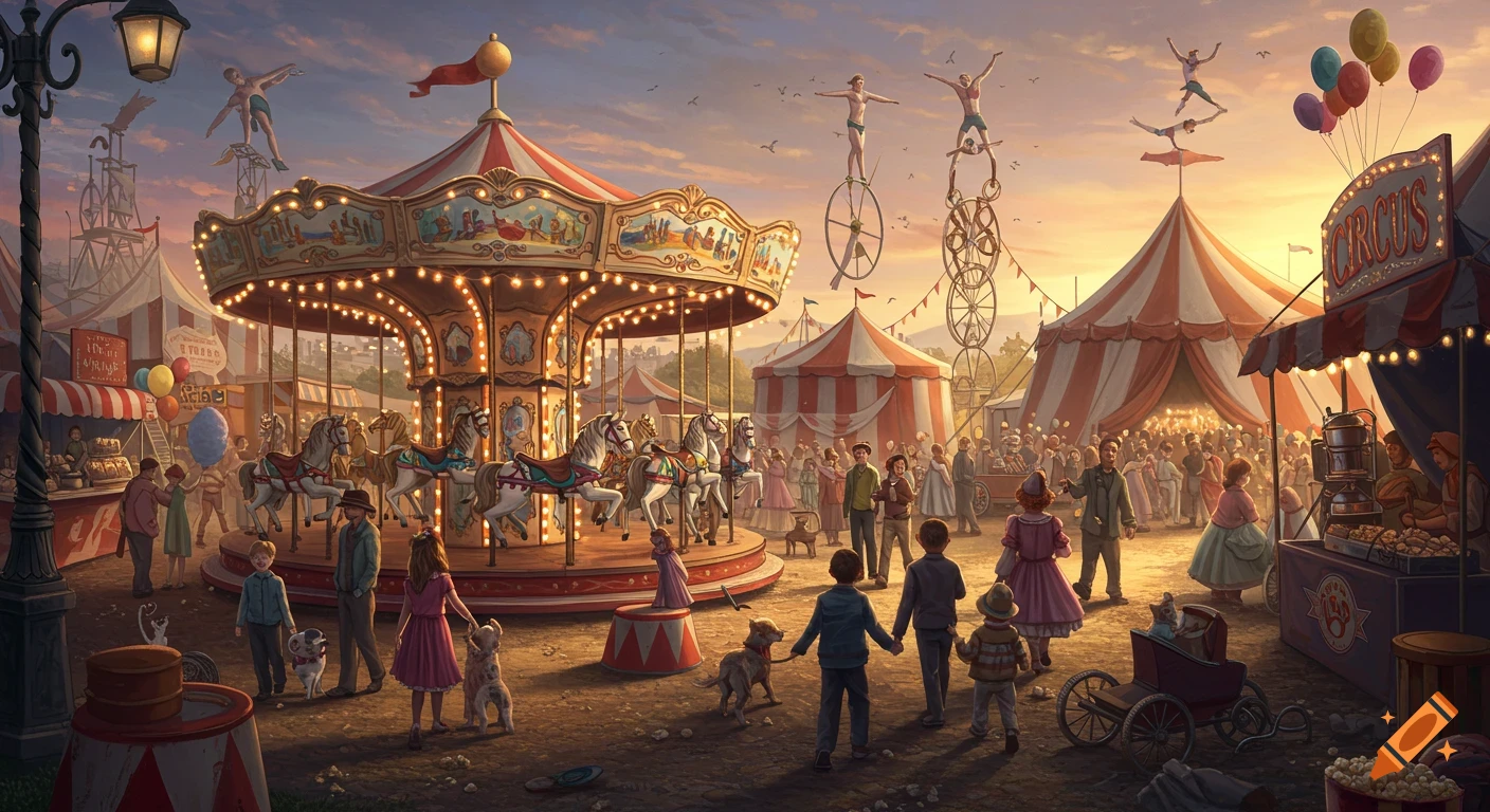 A bustling vintage-style circus grounds at sunset, featuring a glowing carousel, numerous tents, performers, and crowds exploring various attractions.