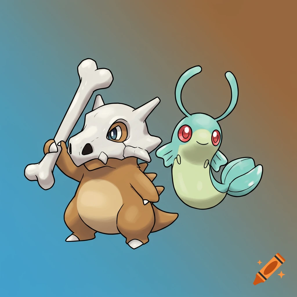 A cartoon image of Cubone holding a bone standing next to a Mantine, both Pokemon characters, on a gradient blue and brown background.