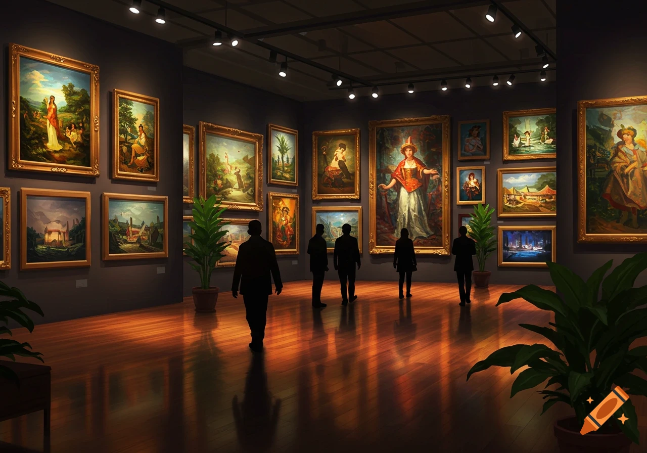 Silhouetted people admire numerous framed paintings in a brightly lit art gallery with dark walls and a polished wooden floor.