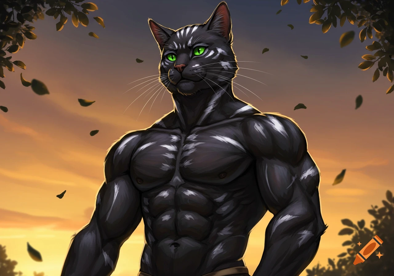 A muscular, black anthropomorphic cat with green eyes and white stripes stands against an orange sunset with falling leaves.