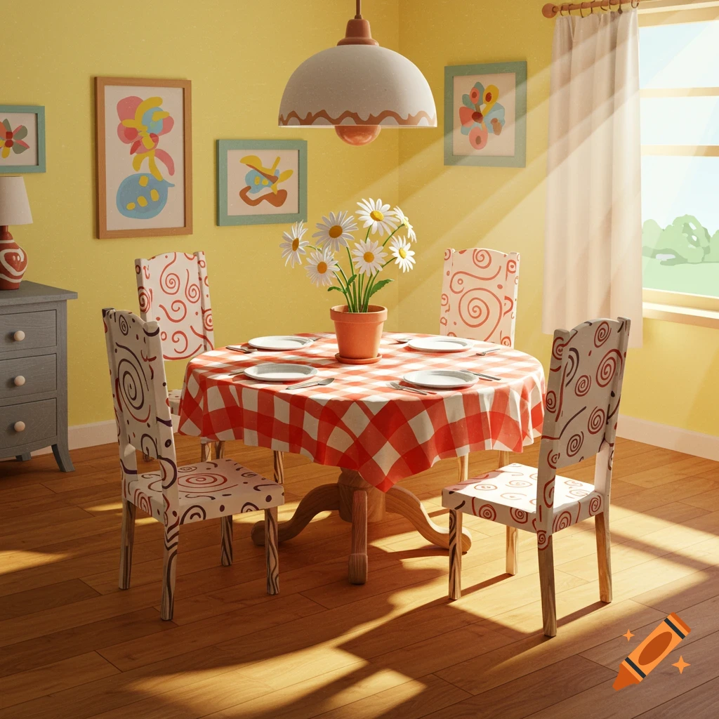 A bright, cartoon-style dining room with a red and white checkered tablecloth, a vase of daisies, and sun rays through a window.