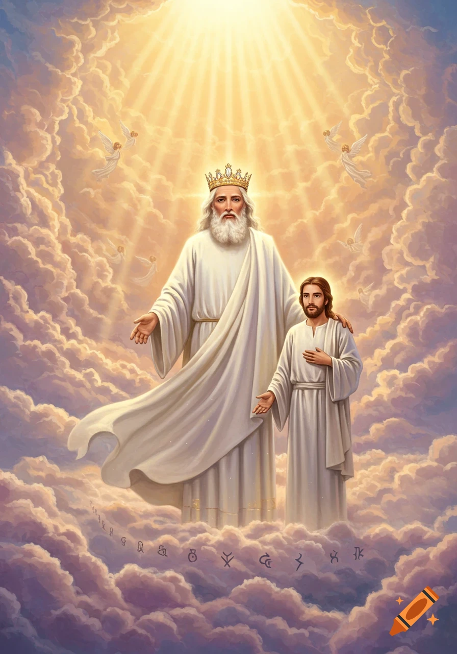 God with a crown and Jesus stand in radiant clouds with angels, resembling a classical religious painting.