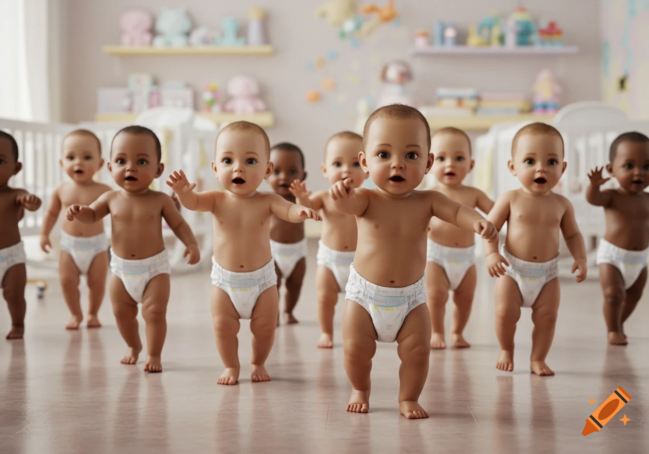 A group of multiracial babies in white diapers walking towards the viewer in a bright nursery.