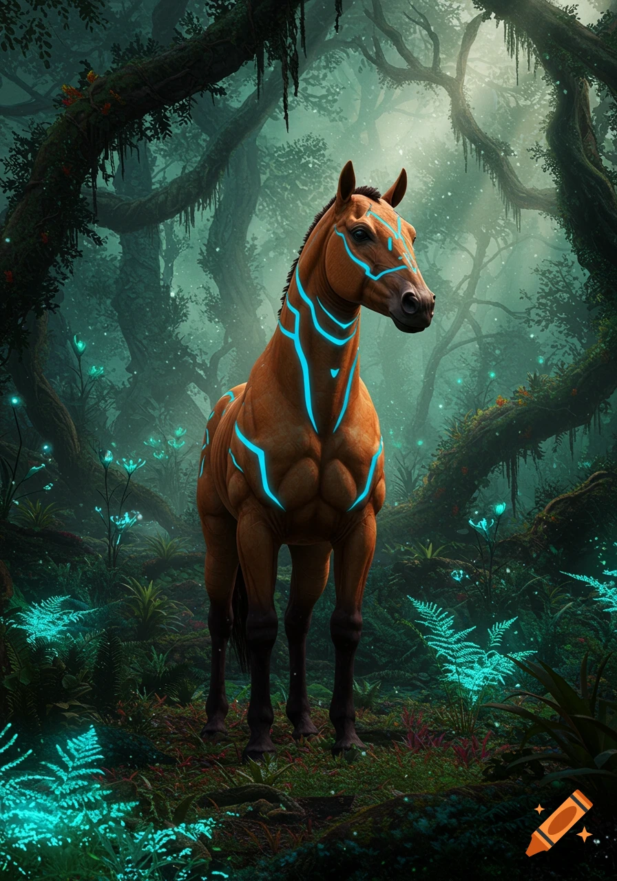 A brownish-orange horse-like creature with glowing blue patterns stands in a dark, lush, bioluminescent fantasy jungle.