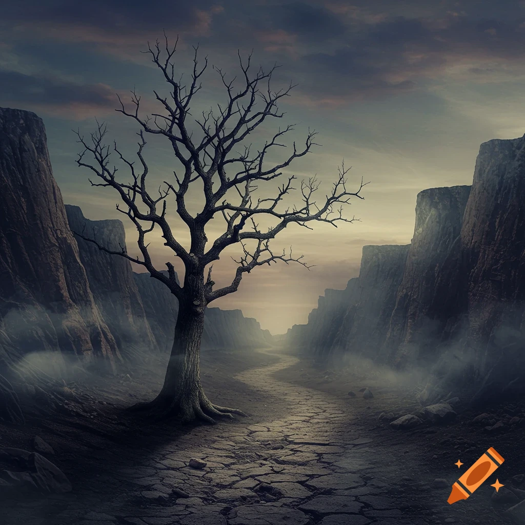 A bare, gnarled tree stands on cracked earth in a foggy, desolate canyon under a dramatic sky, evoking a sense of desolation.