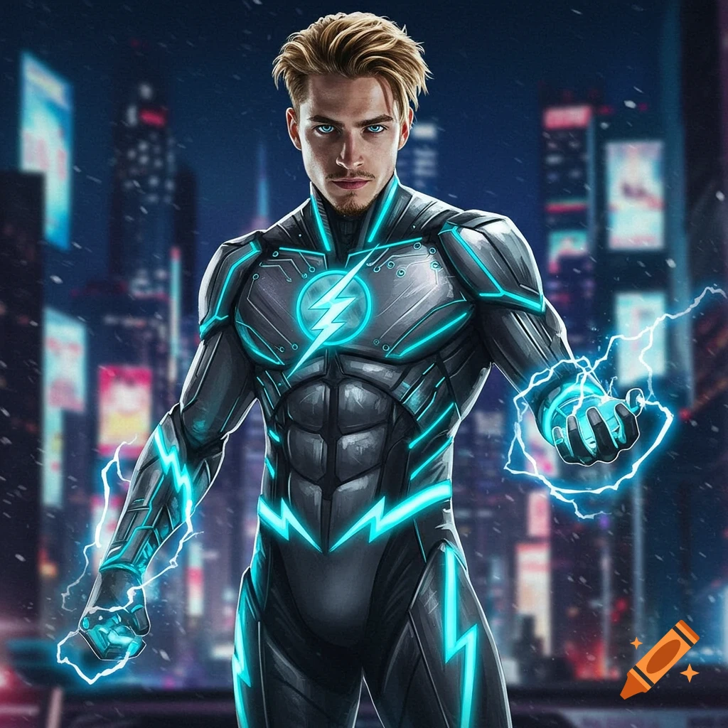 A male superhero in a black and neon blue suit with a lightning bolt symbol generates electricity from his hands in a futuristic city.