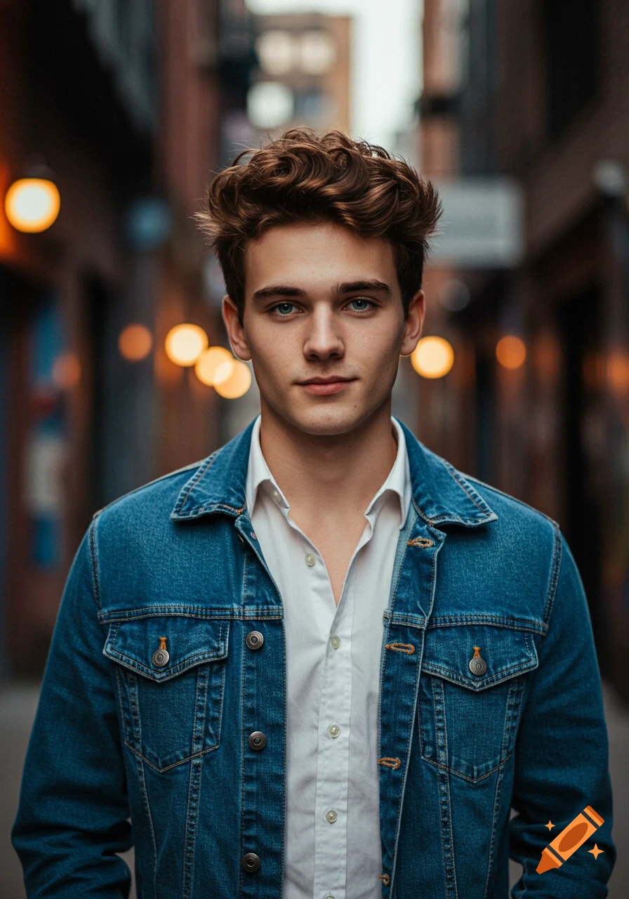 A photorealistic portrait of a young man with curly brown hair and blue eyes, wearing a white shirt and denim jacket, standing in a city alley with bokeh lights.