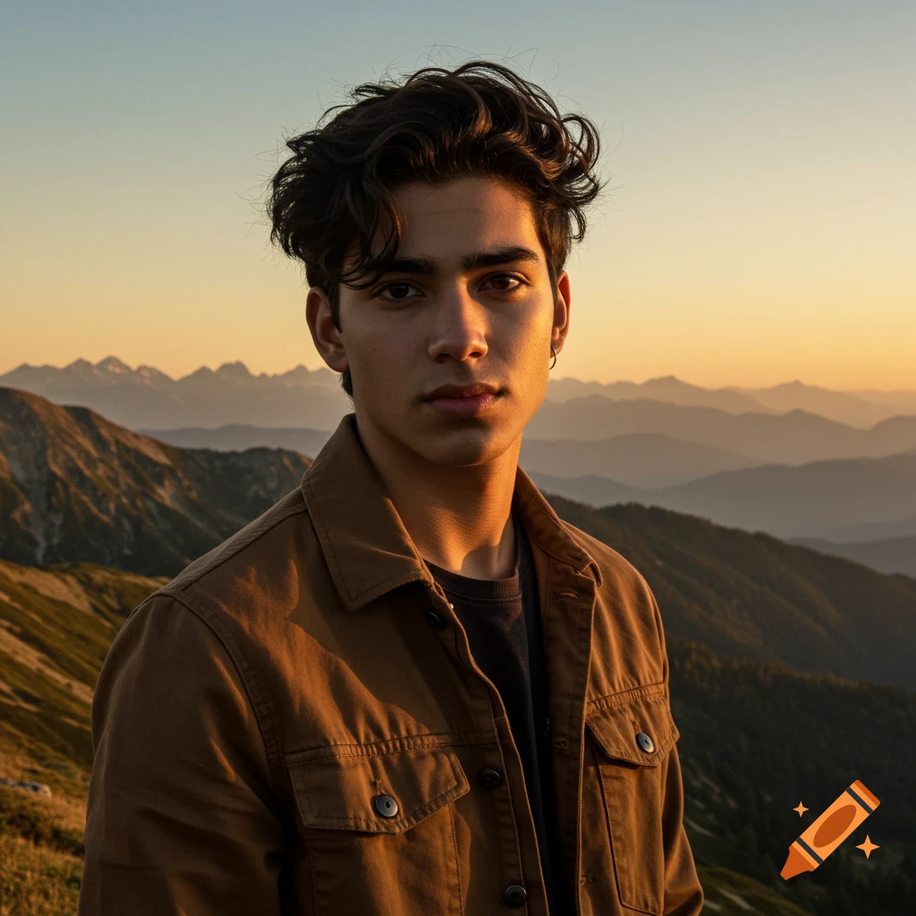 A handsome young man with dark, wavy hair and brown eyes stands on a ...
