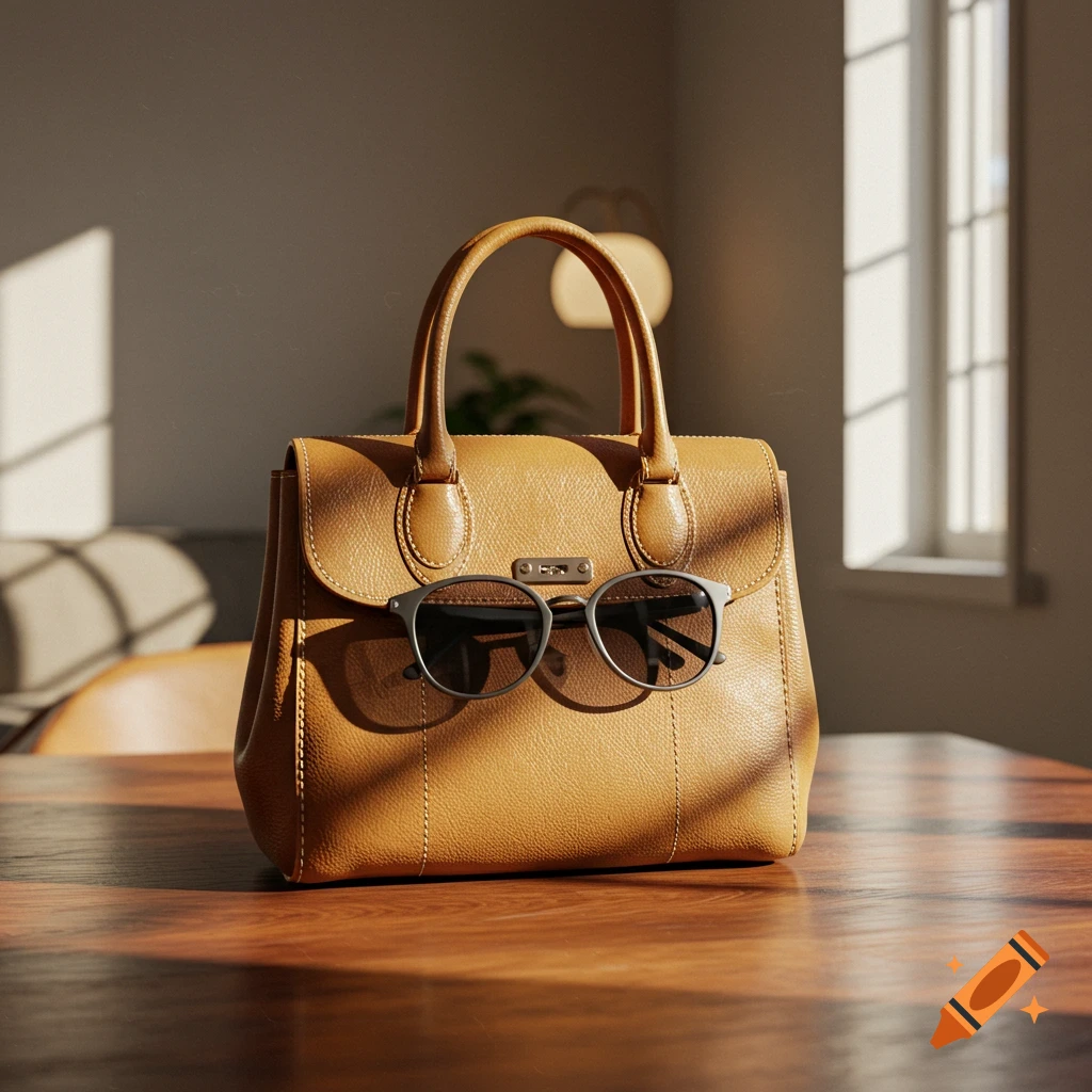 A tan leather handbag with silver-rimmed sunglasses draped over its clasp sits on a wooden table, illuminated by sunlight streaming through a window.