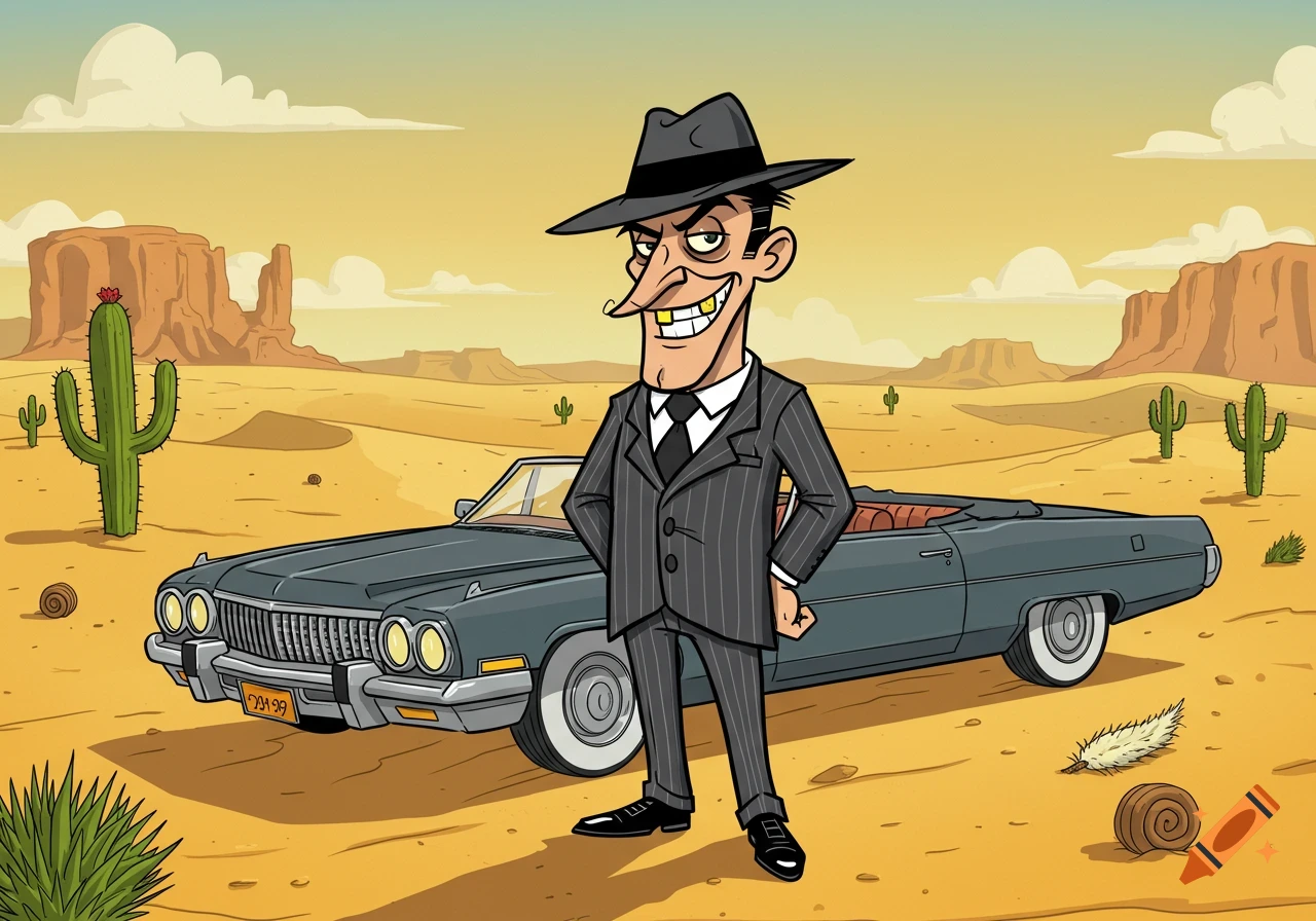 A cartoon gangster with a gold tooth and fedora stands in a pinstripe suit next to a classic car in a desert landscape.