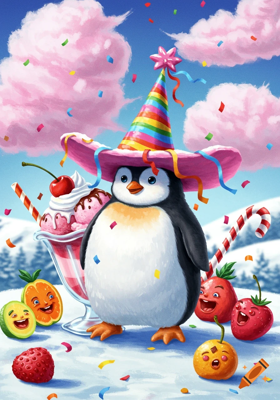 A cute cartoon penguin wearing a rainbow party hat and a pink sombrero, surrounded by smiling anthropomorphic fruits and ice cream in a snowy, confetti-filled landscape.