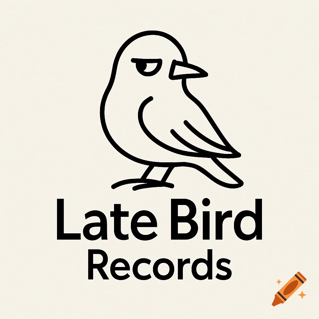 A black line art logo featuring a sleepy bird with one eye closed and one open, above the words Late Bird Records.