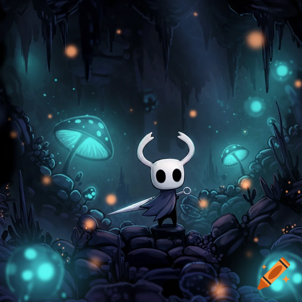 The Knight from Hollow Knight stands with a nail in a glowing fantasy cave with mushrooms.