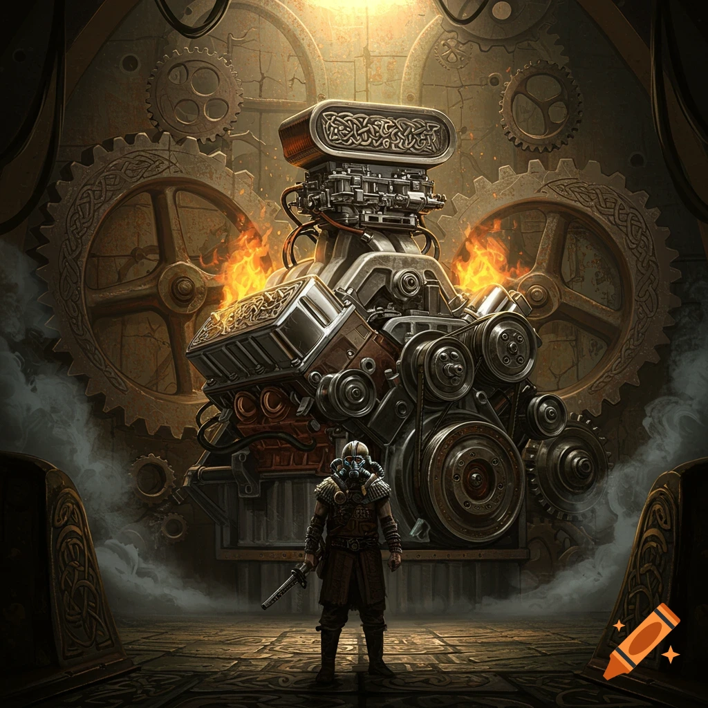 A masked warrior holding a sword stands before a large, flaming V8 engine with ornate Celtic details, set against giant gears.