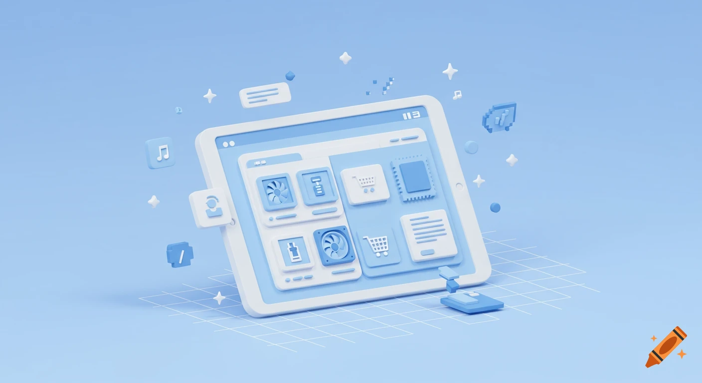 A stylized, minimalist illustration of a white tablet displaying tech store elements like computer fans, a CPU, and a shopping cart, surrounded by floating icons and pixel accents, all in soft pastel blue and white tones.